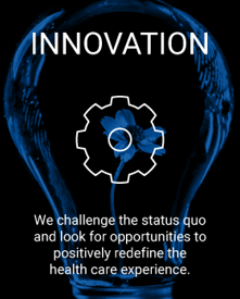 A lightbulb with flower inside with text that reads "We challenge the status quo and look for opportunities to positively redefine the health care experience."