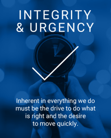 A hand holding up a wrist watch with text that reads "Inherent in everything we do must be the drive to do what is right and the desire to move quickly."
