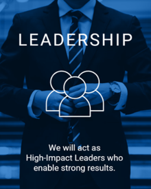 A figure in a business suit with text that reads "We will act as High Impact Leaders who enable strong results."