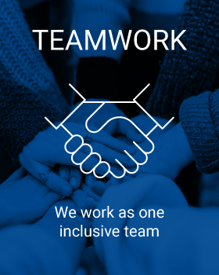 A team of people placing hands together with text that reads "We work as one inclusive team."